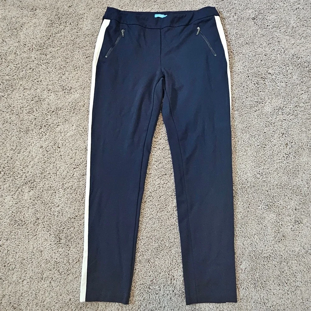 J.McLaughlin Tapered Ponte Knit Pants Size 10‎  Navy Blue Side Stripe Sporty